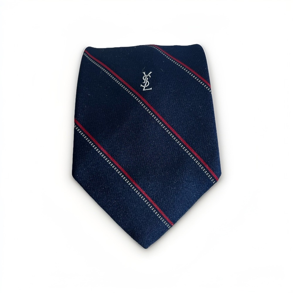 Yves Saint Laurent YSL Embroided Logo Navy Blue Tie Red & Gray Stripes 100% Silk
